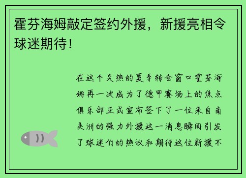 霍芬海姆敲定签约外援，新援亮相令球迷期待！