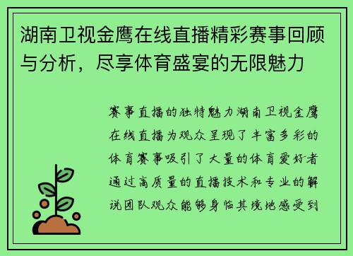 湖南卫视金鹰在线直播精彩赛事回顾与分析，尽享体育盛宴的无限魅力
